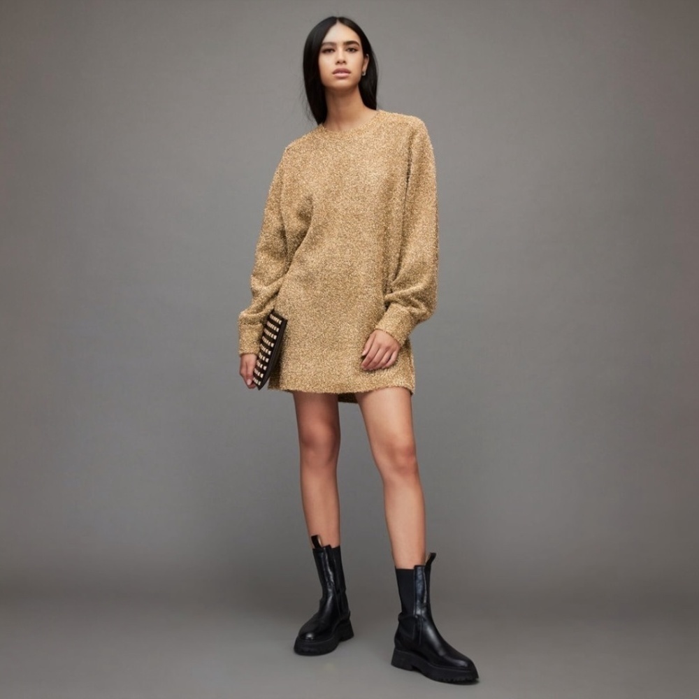 ALLSAINTS Dazzle Jumper Dress in Metallic Gold Yarn Size Large - NWT